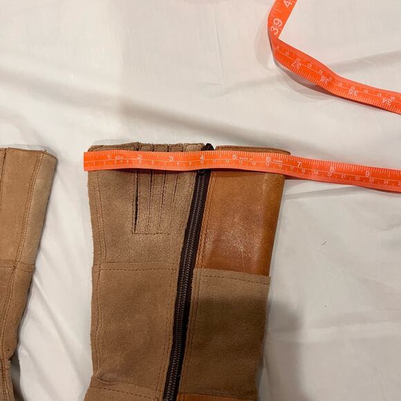 Vintage 90s Y2K Candies Boots Leather Patchwork Size 7 Tan Wood Heel Mid Calf - Picture 11 of 12